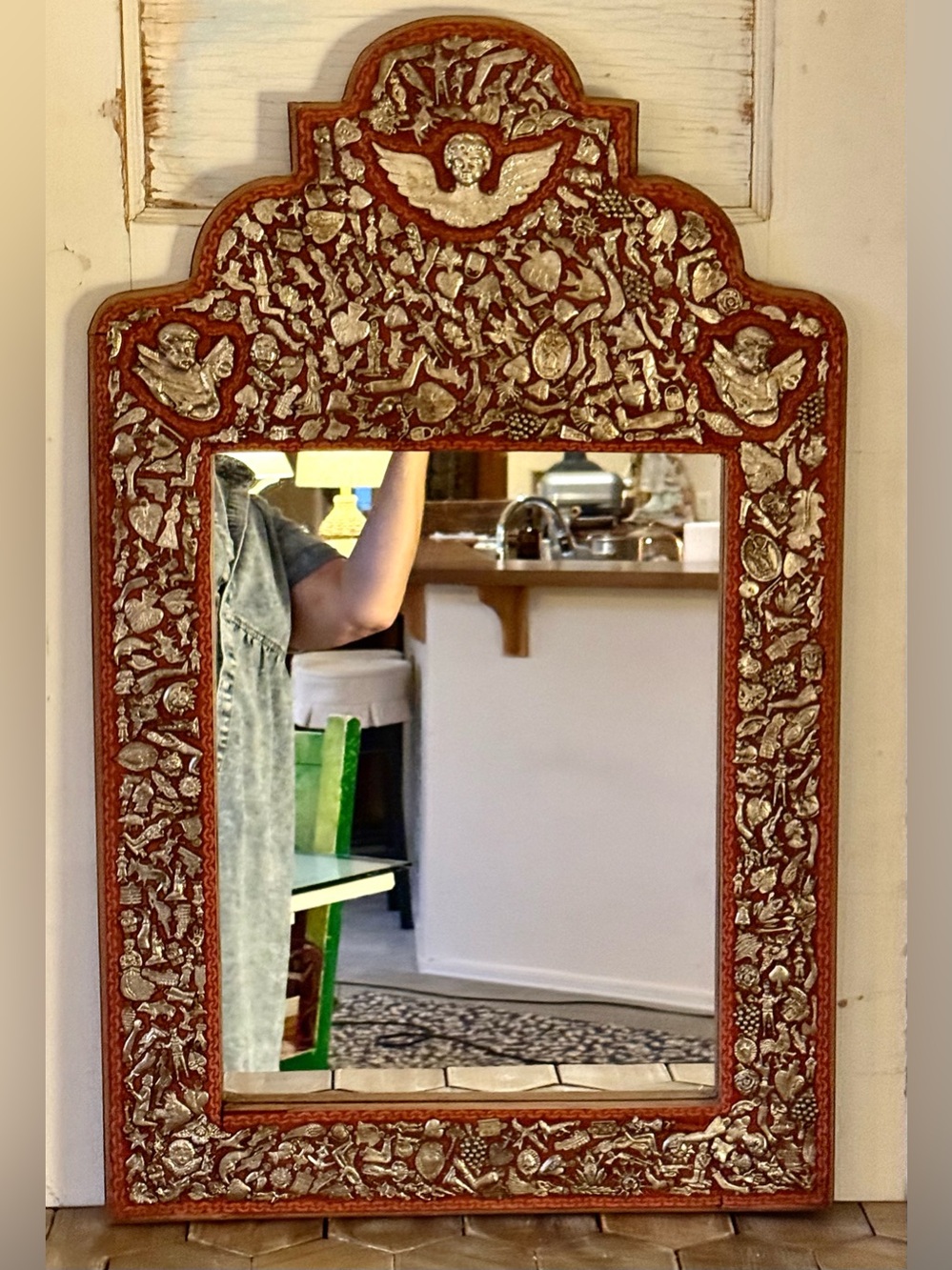 Vintage Mexican Folk Art Milagros Mirror, Dark Red & Silver, Handmade, Large 30”